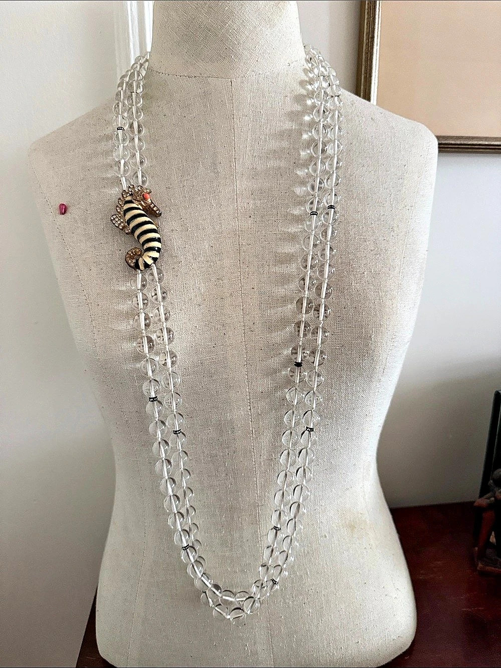 Vintage glass bead necklace with enamel & crystal seahorse detail